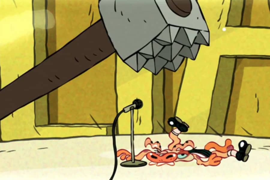 contestant being smashed with a giant hammer