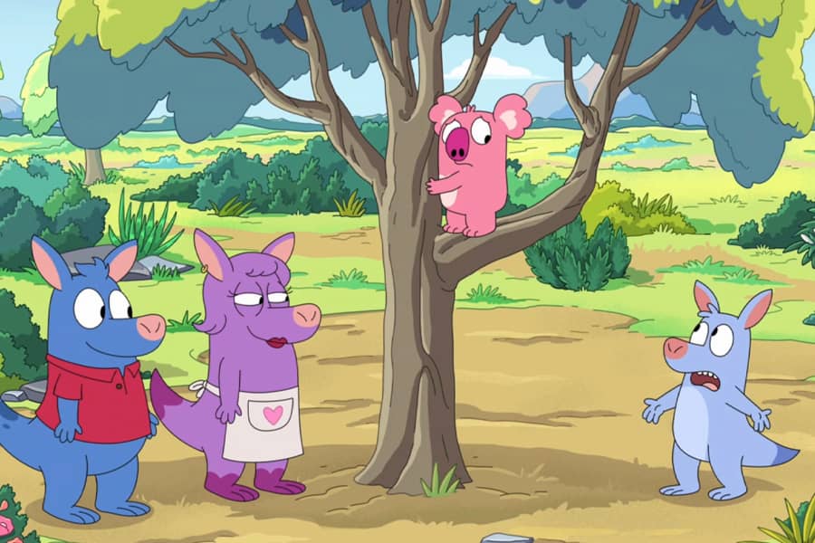 kangaroo family talking to a koala in a tree
