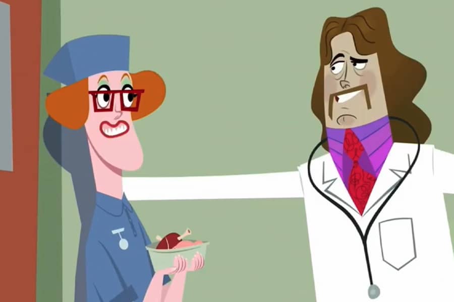 doctor leaning in toward a scrub nurse holding a tray of organs