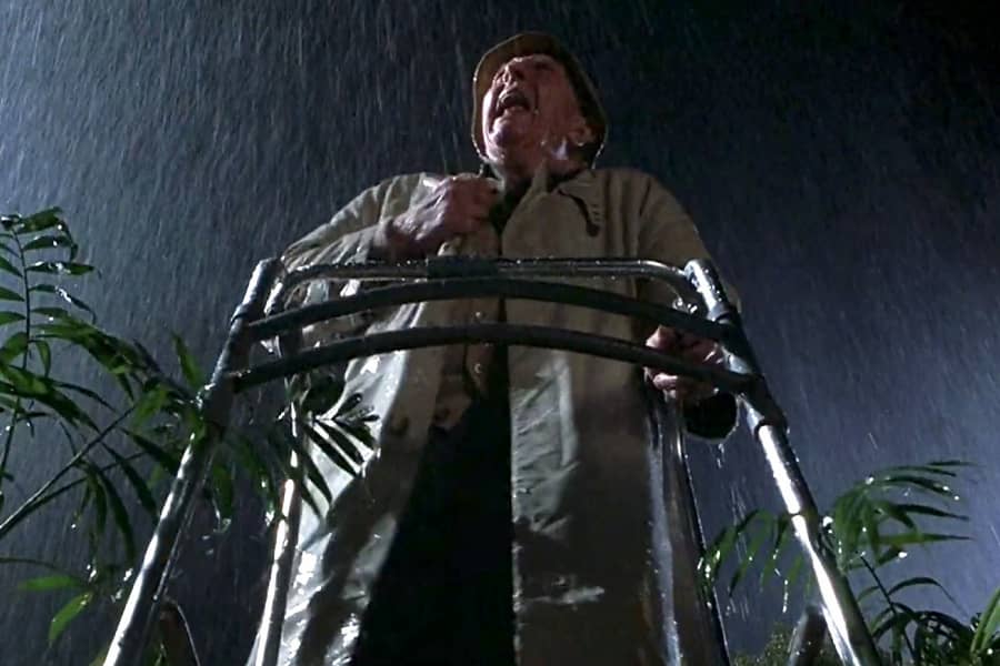 looking up at a giant old man in a raincoat holding a walker