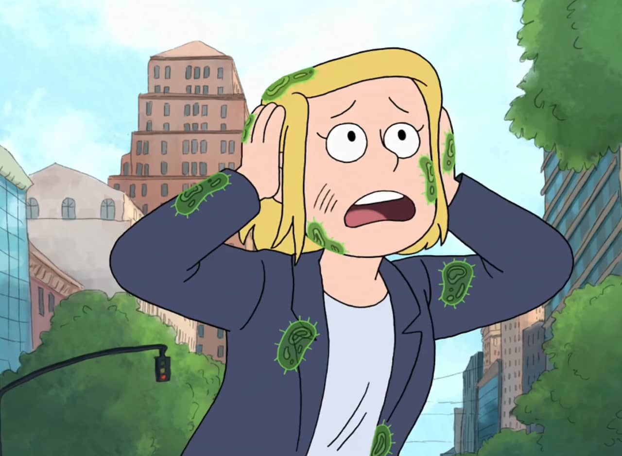 woman running through the street with big green germs all over her