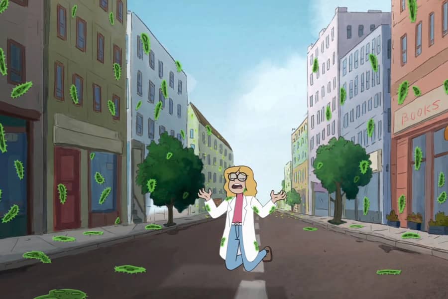 scientist kneeling in the street, germs are everywhere