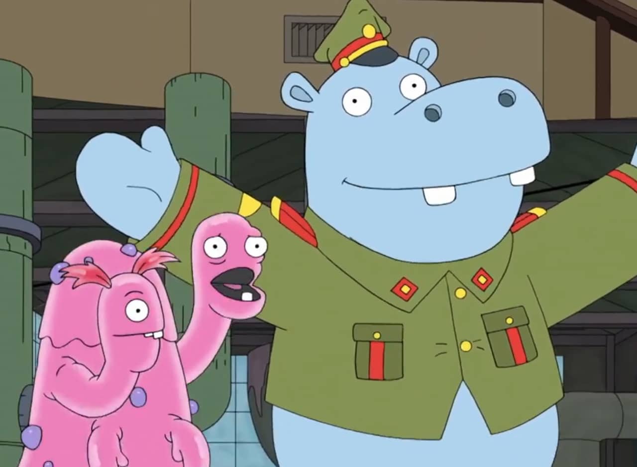 Strudel the hippo and Uschi and Booshi, a two-headed blob