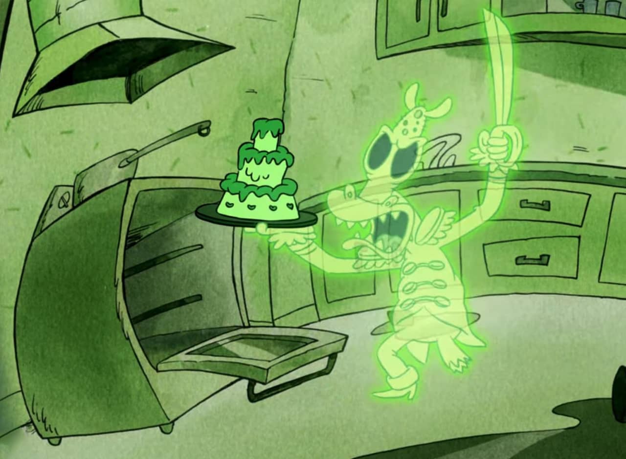 in night vision green, a pirate ghost holds up a sword and pulls a tiered cake from the oven