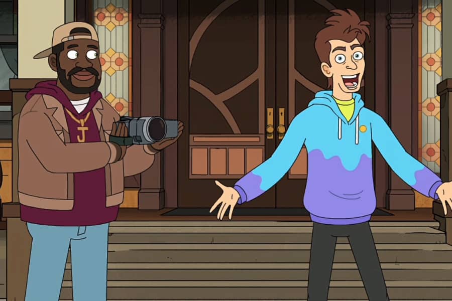 Jib recording Lonny outside an old house