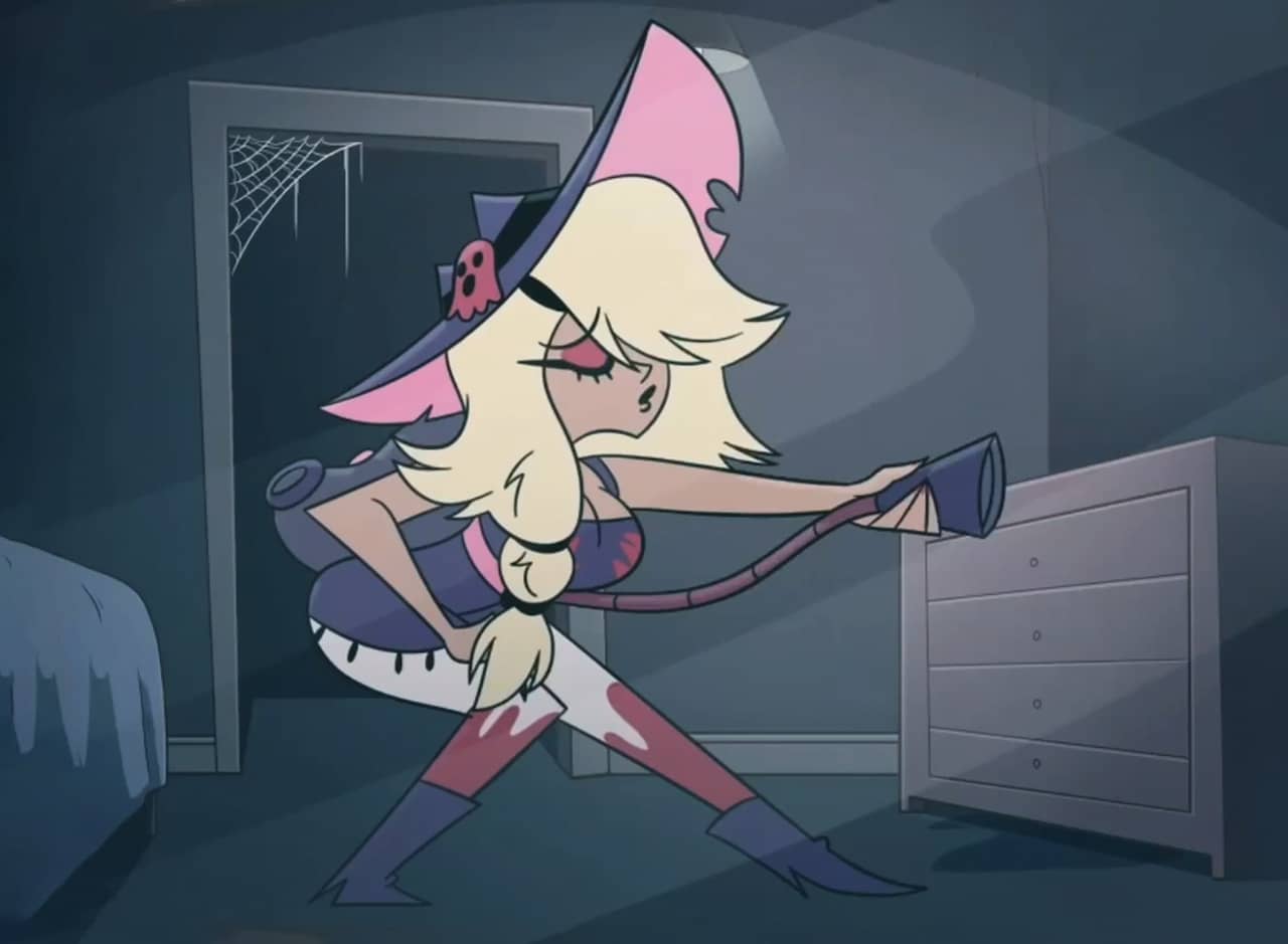 busty blonde woman using a device to monitor ghost activity and getting turned on