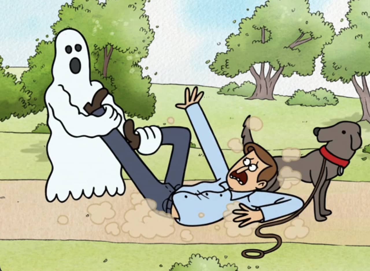 a ghost grabbing a scared guy who is walking his dog