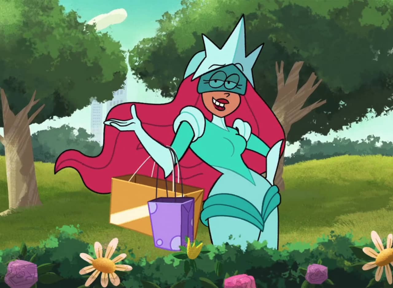 Elektra in a park carrying shopping bags