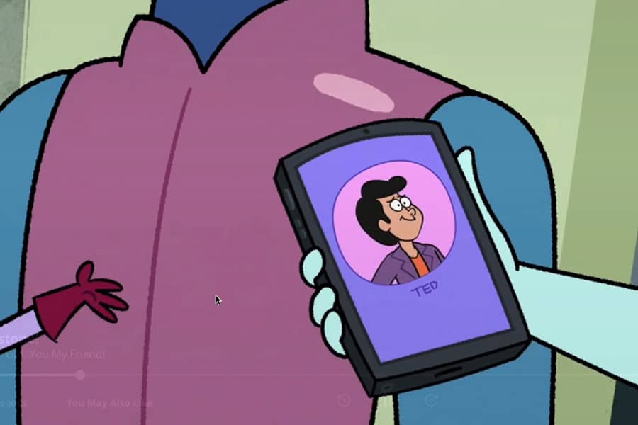 Flirtacia handing Elektra her phone with avatar of a guy named Ted