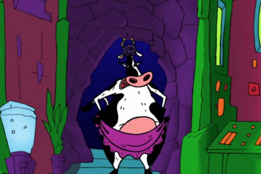 Girly Cow standing in a spaceship control room