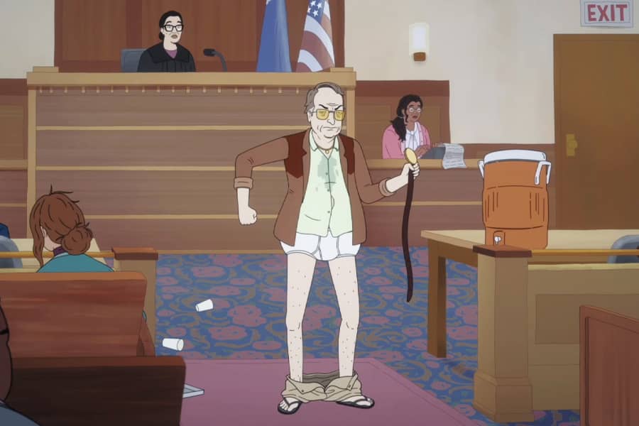 Glem in the courtroom, sweaty and with his pants at his ankles