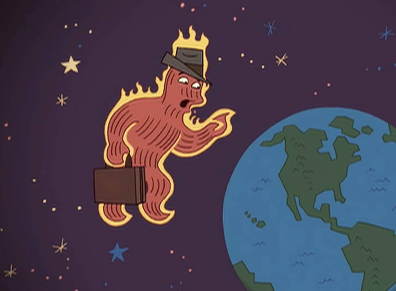 a personified sunbeam wearing a hat and carrying a briefcase, chatting with the Earth