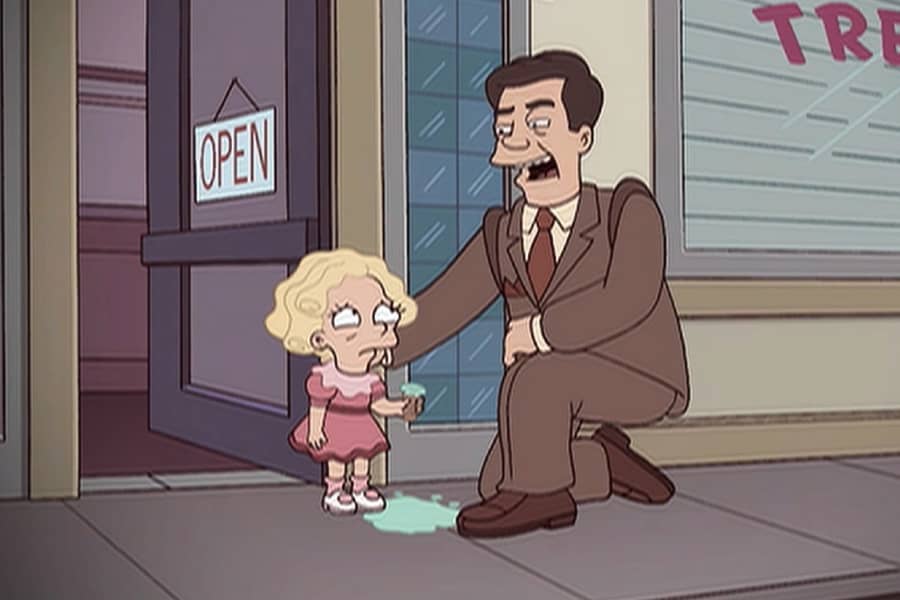 man kneels next to small girl whose ice cream cone melted onto the sidewalk