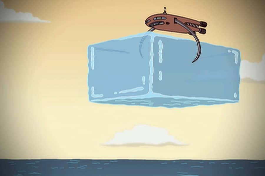 spaceship dropping a giant ice cube into the ocean