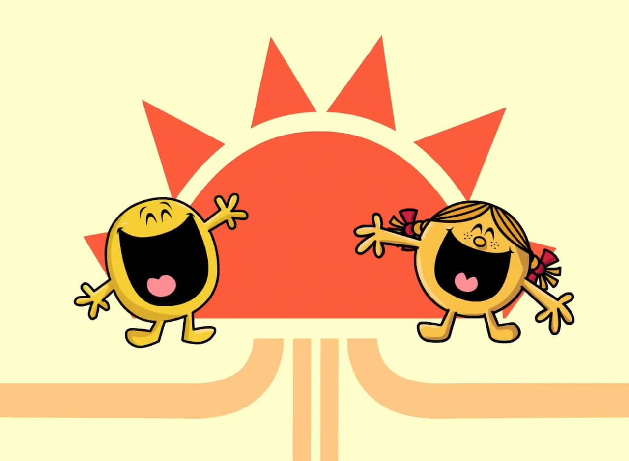 Little Miss Sunshine and Mr. Happy smiling in front of a sun logo