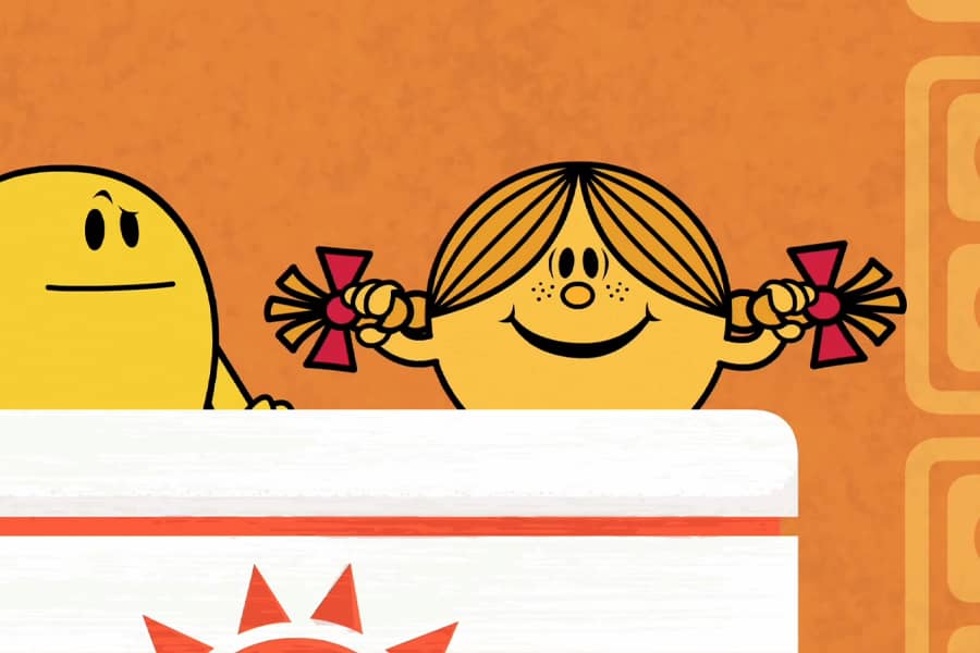 Little Miss Sunshine pulling her pigtail braids and Mr. Happy looks unimpressed