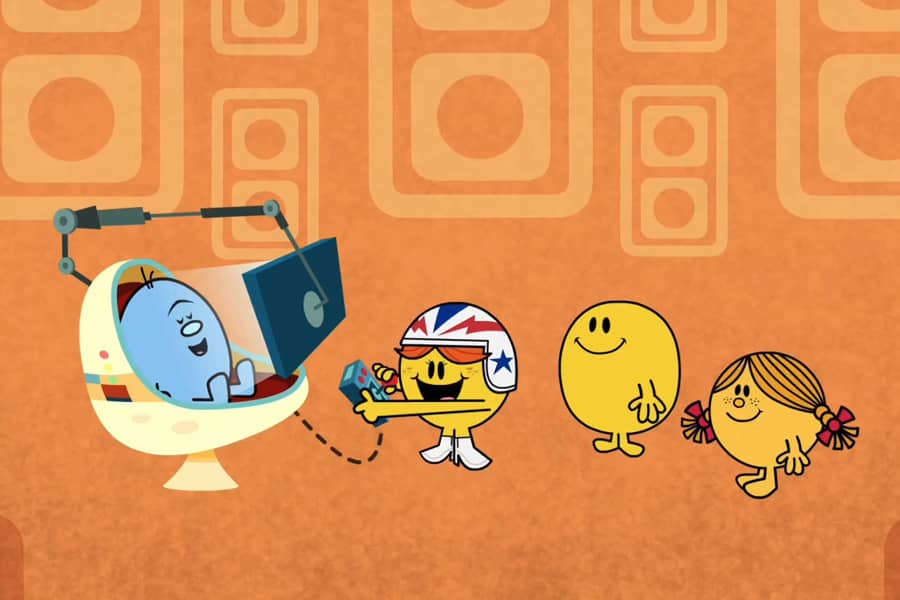 Little Miss Sunshine and Mr. Happy with a guest showing a person in a gaming chair