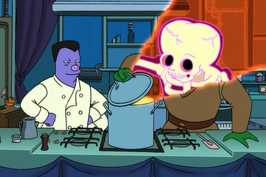 Morbo with Elzar in the kitche; Morbo is opening a pot that is putting out a toxic cloud