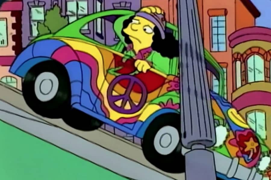 hippie Bug driving down a San Francisco hill, Uncle Doobie looking out the window