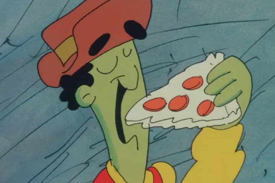 a Goomba boy eating pizza
