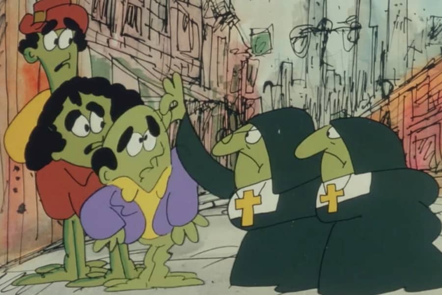 the Goomba boys being scolded by two nuns