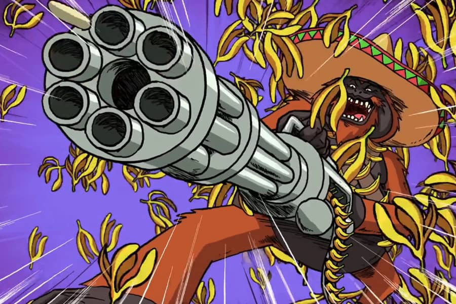 ape contestant firing bananas from a gatling gun