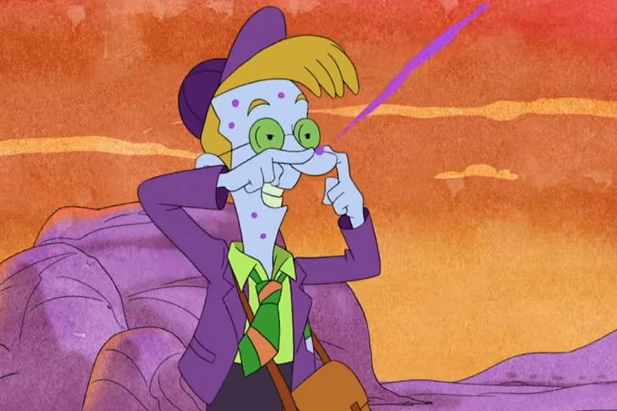 Zack Zitface squeezing a zit and purple goo is shooting out