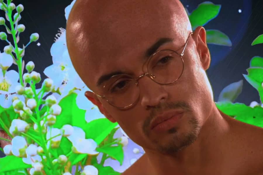 Gandhi with a background of close-up flowers