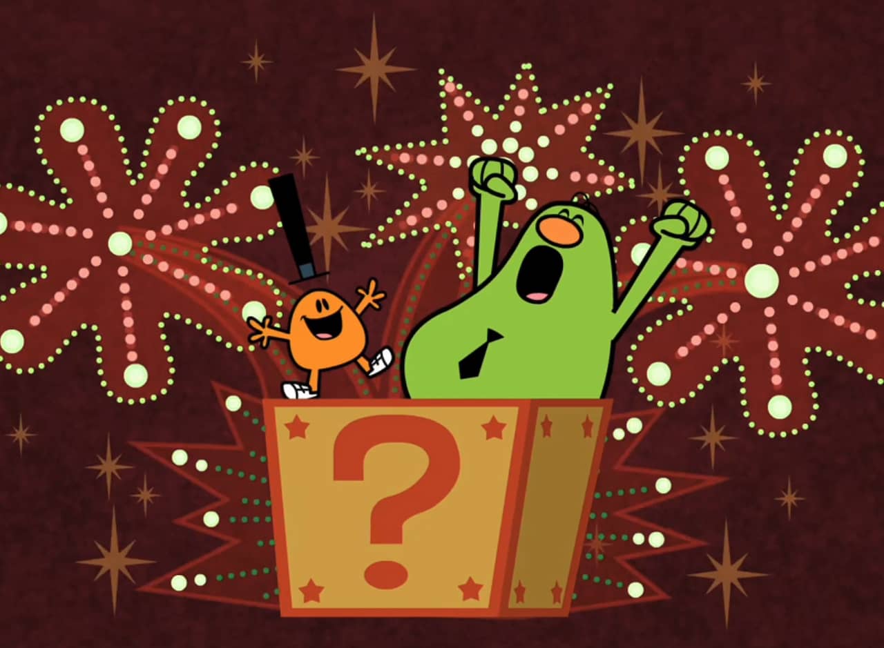 Mr. Nosey and Mr. Small jumping out of a mystery box