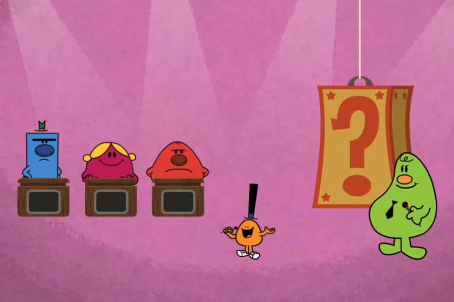 hosts with three contestants next to a giant mystery box