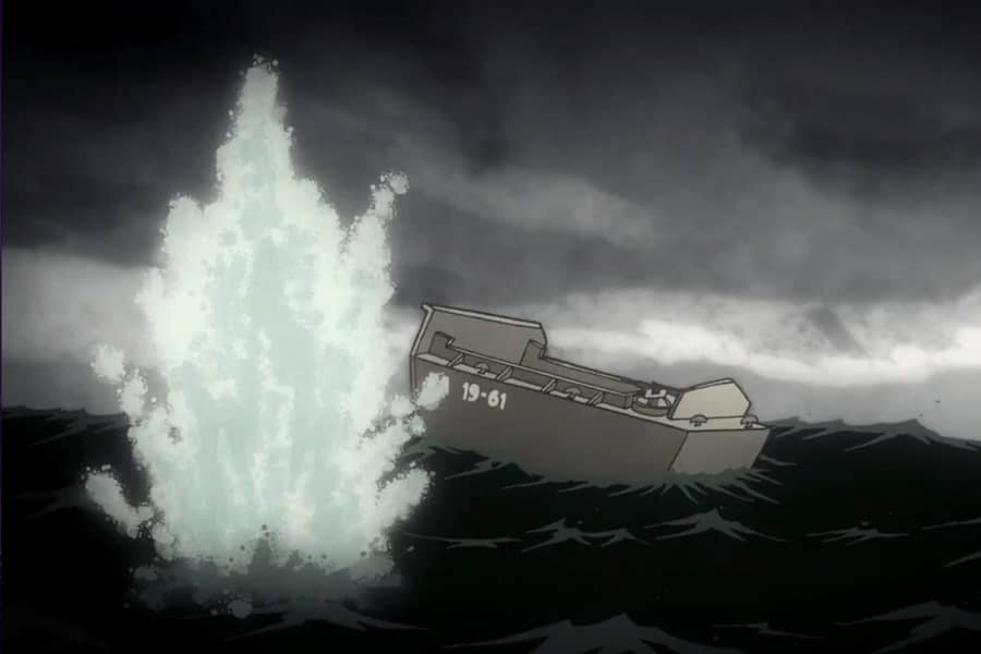 war boat on choppy waters with explosions