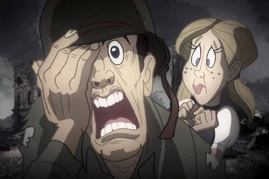 soldier screaming with a concerned woman