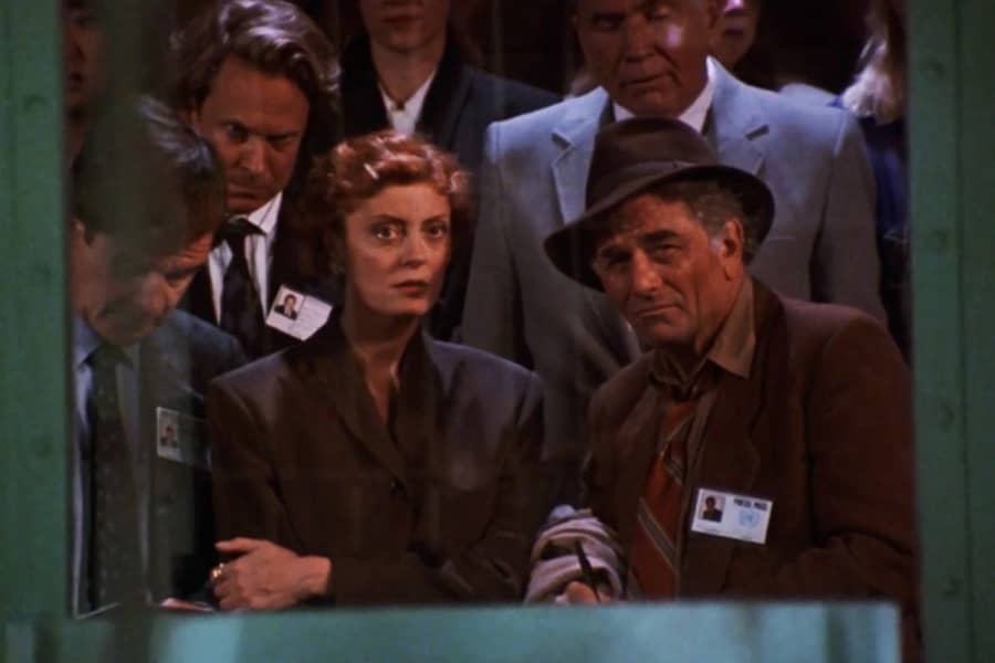 Sarandon and Falk in an execution viewing gallery