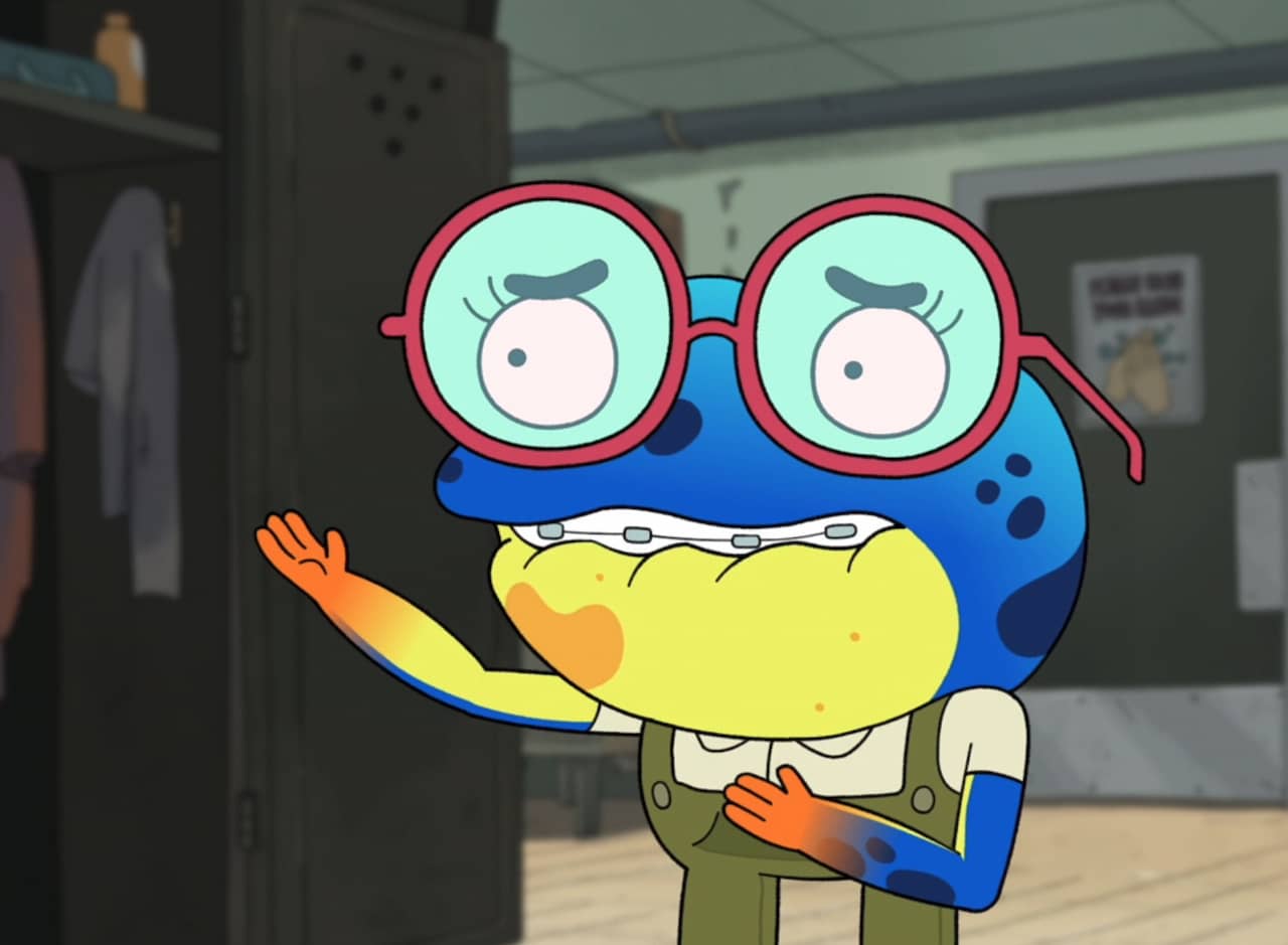 Frogatha, a nerdy tree frog with braces and glasses