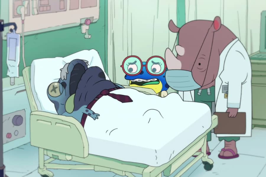 Frogatha with her dead dad in a hospital bed