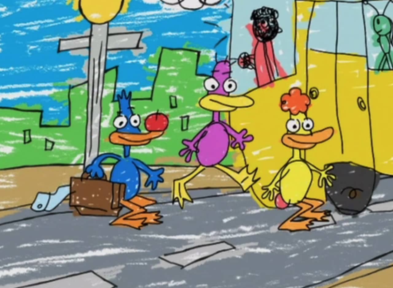 scribbly hand-drawn picture of a city and three ducks: blue, purple, and yellow