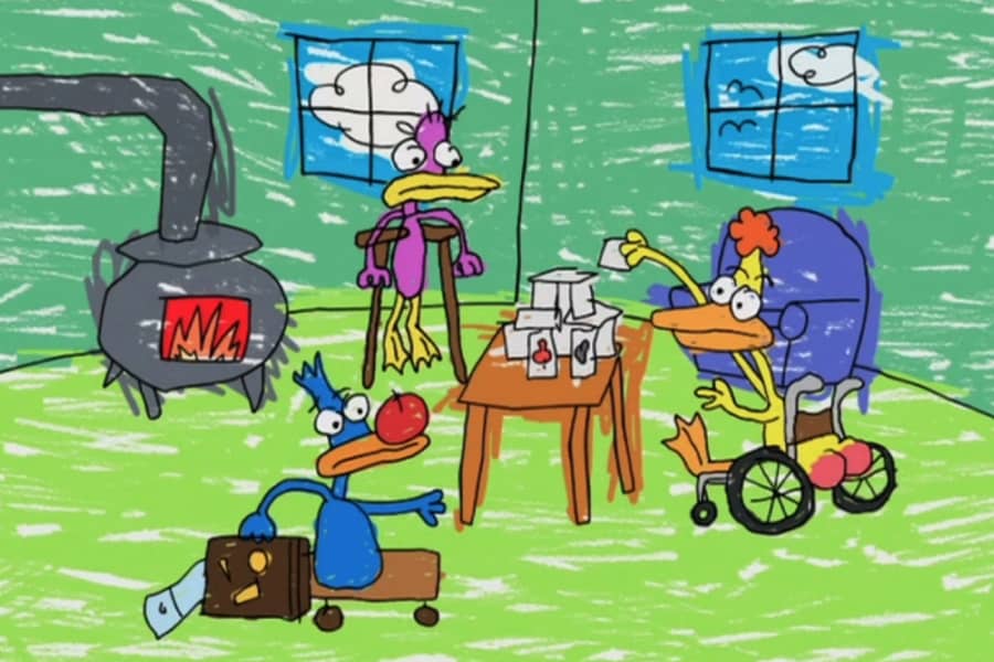 the handi-quacks, now disabled, in their home playing cards next to a wood stove