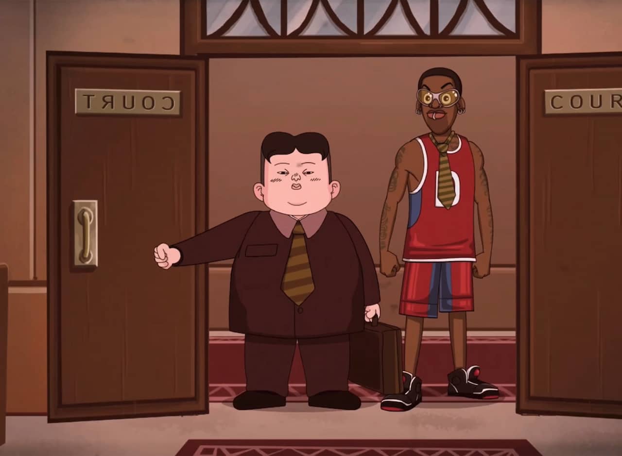 Kim Jong Un and Denzel Rodman wearing ties and entering a courtroom