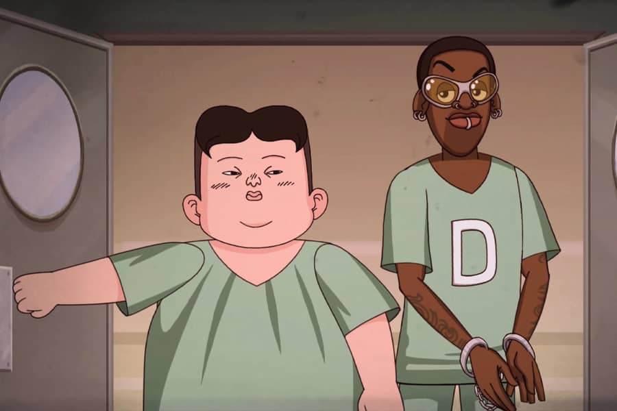 Kim Jong Un and Denzel Rodman wearing scrubs