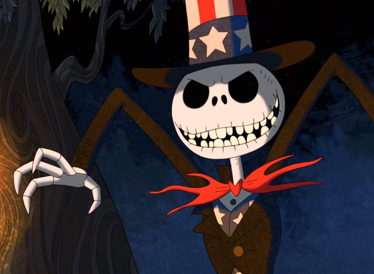 Jack Skellington wearing a red bow tie and American flag top hat