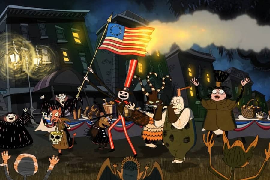 parade of Halloweeentown residents, Jack is carrying a 13 colonies American flag