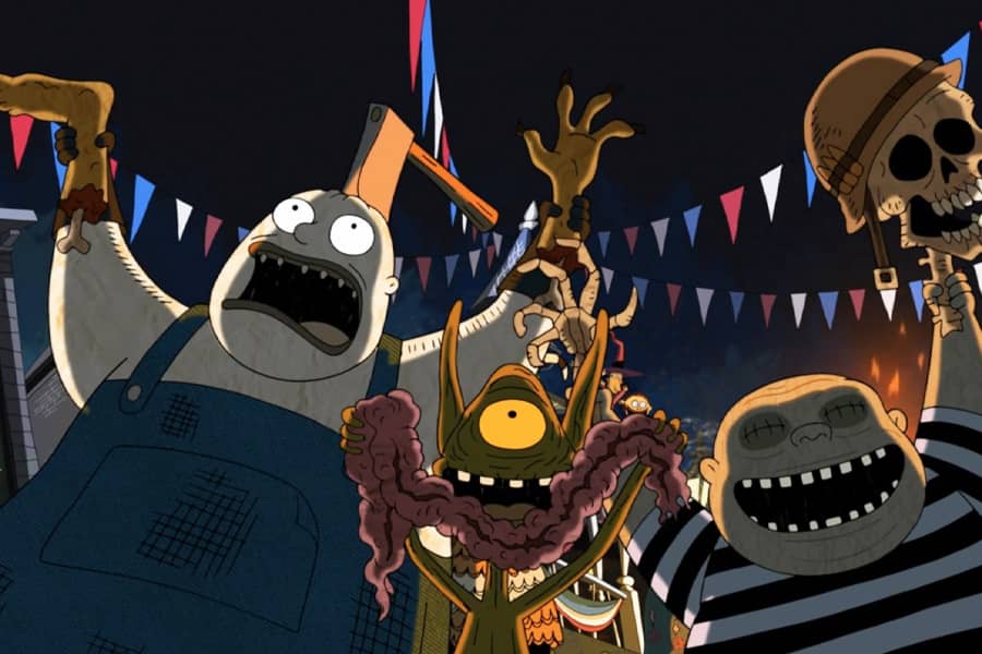 Halloweeentown folks under red, white, and blue bunting