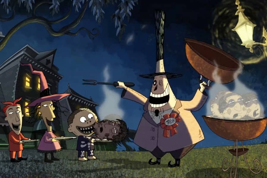 the Mayor serving some barbequed heads to Lock, Shock, and Barrel