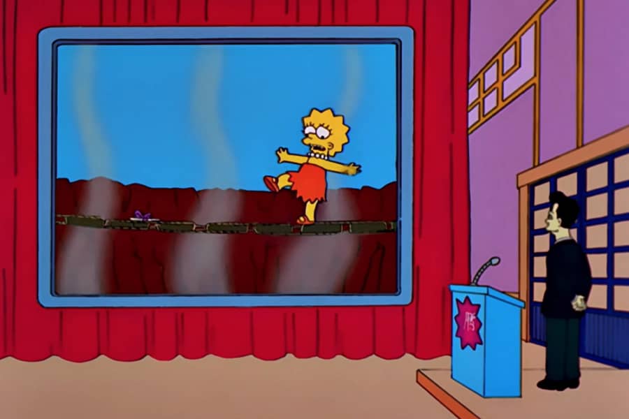 contestant Lisa Simpson crossing a rope bridge over a volcano