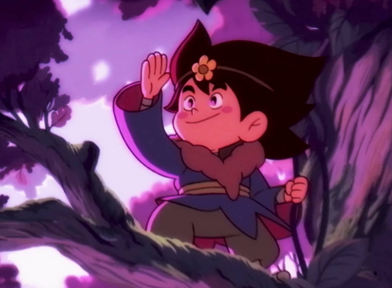 Haru, a Japanese boy wearing a flower headband, salutes from a large tree branch