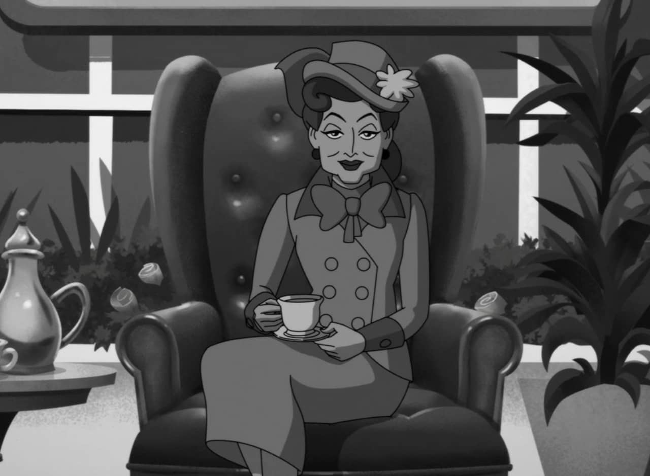 Hattie Tetch, a proper looking woman sitting on an armchair and drinking tea
