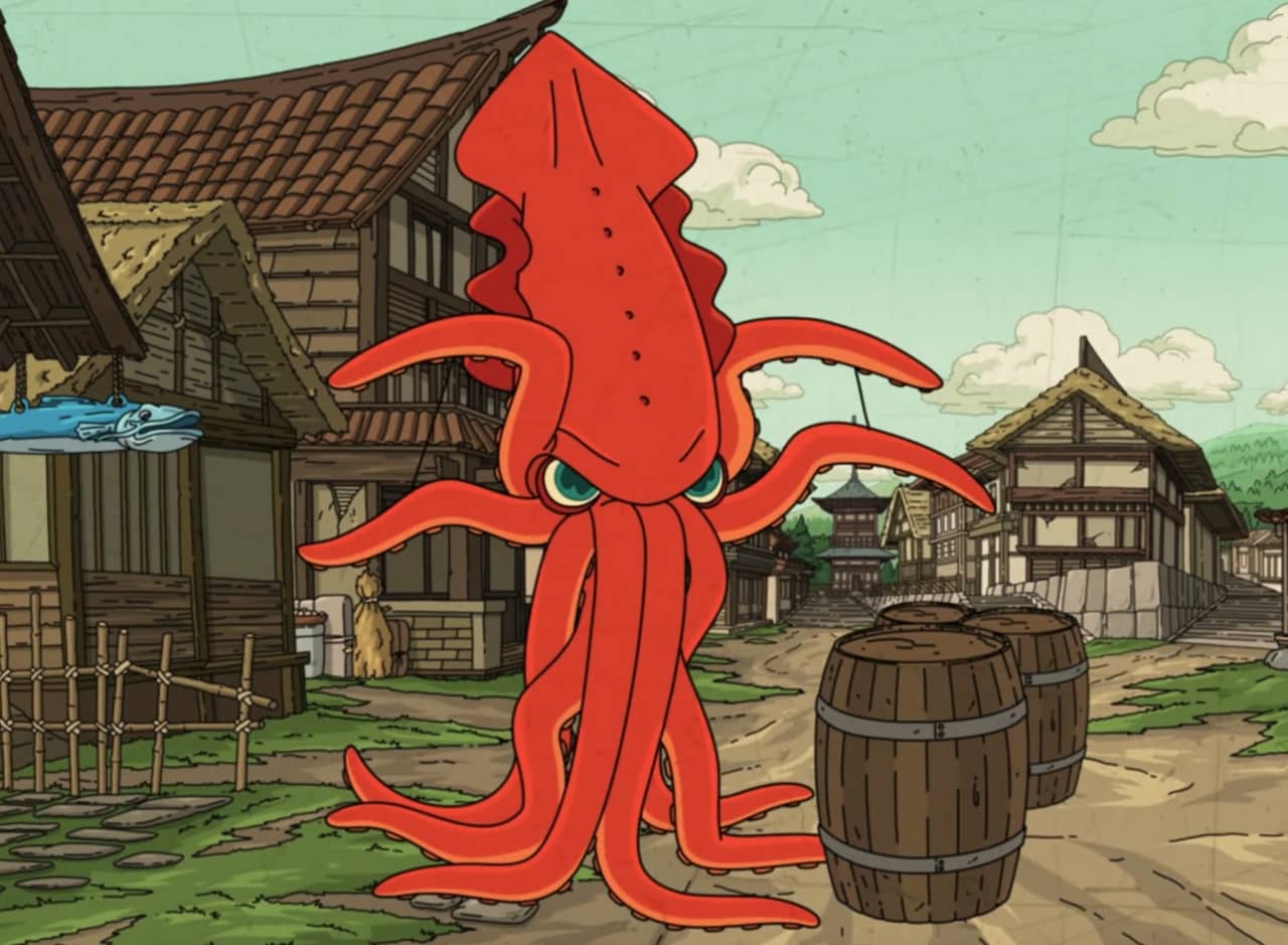 a giant cephalopod monster in a village