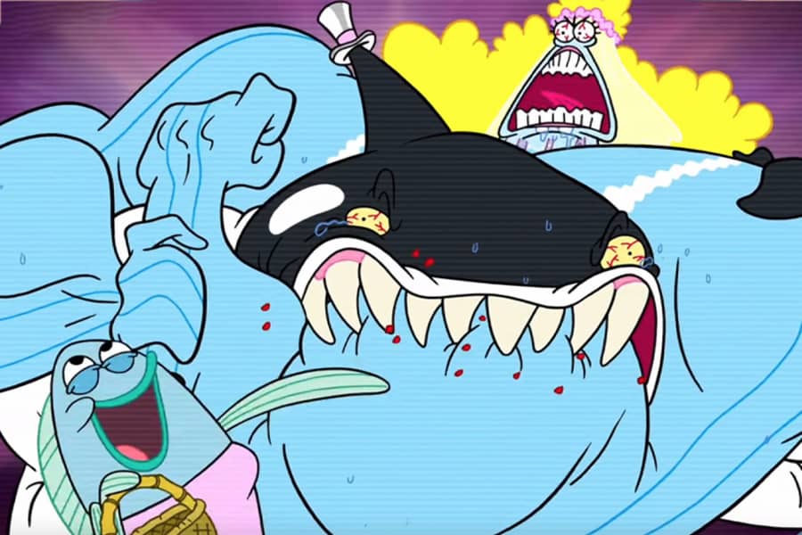 Dwayne biting Sardina’s arm as a smaller fish throws flower petals in the air