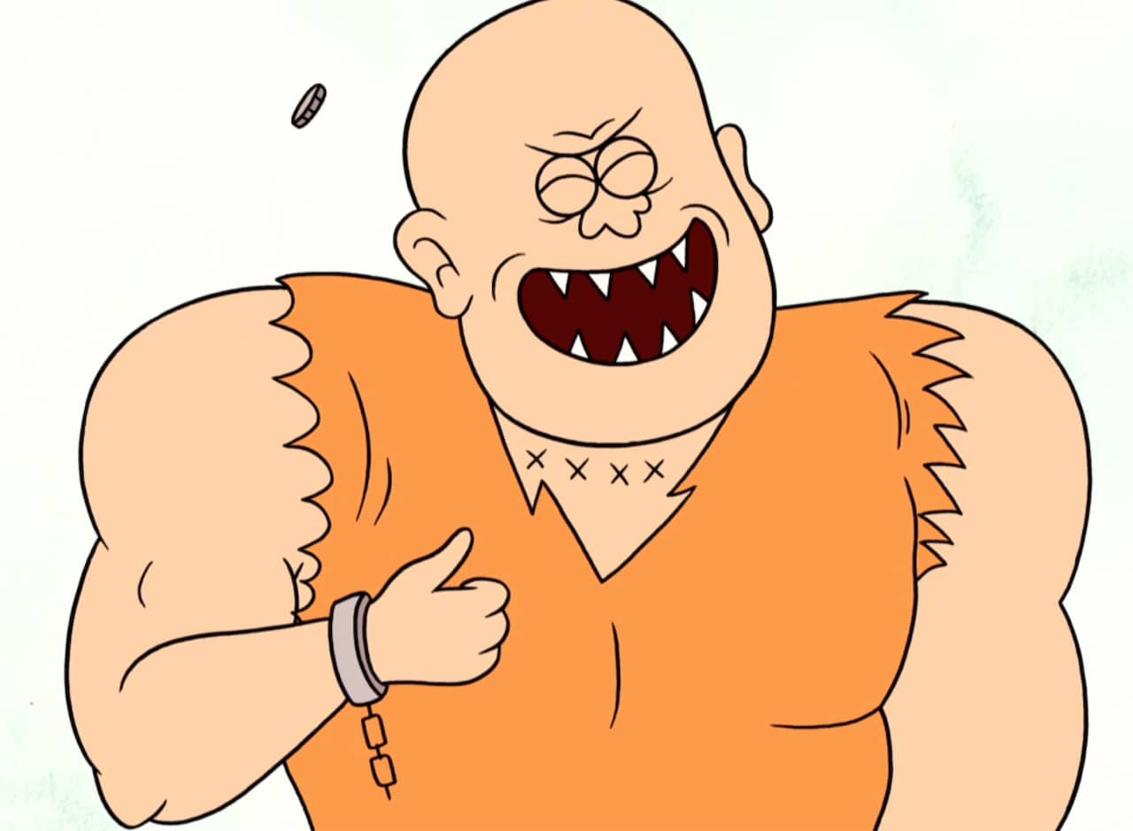 escaped convict with sharp teeth laughing as a coin flips in the air