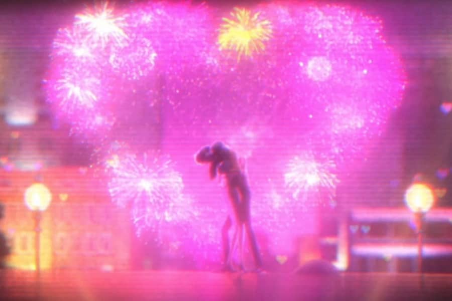 man and woman hug with heart-shaped fireworks behind